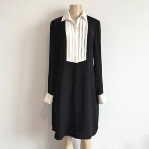 Anne Fontaine Millie Tuxedo Dress 40 Black White Pleated Bib French Cuff Chic